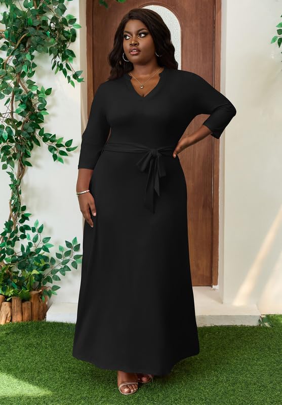 Elegant Church Maxi Dresses for Women Plus Size V-Neck 3/4 Sleeve Casual Fall Dress with Pockets3