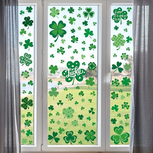 Image of 120 PCS St Patricks Day Decorations, 4 Sheets St Patricks Day Window Clings with Polka Dots Stripes Plaid Patterns, Double-Sided Green Party Decorations, Shamrock Window Clings for Home Decor