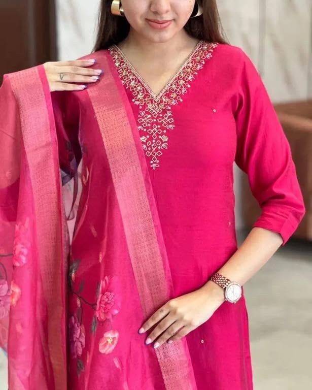 Image of Women's Chanderi Silk Kurti with Rayon Slub Pants & Dupatta | Printed Three-Quarter Sleeve Ethnic Set