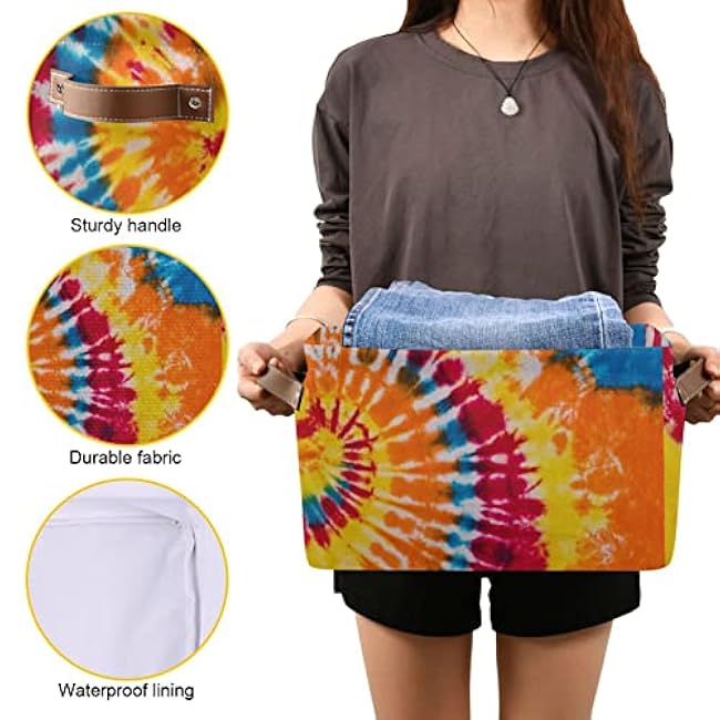 susiyo Red Yellow Orange Blue Tie Dye Rainbow Swirl Storage Bins, Decor Collapsible Canvas Storage Basket for Shelves Closet - 1 Piece
