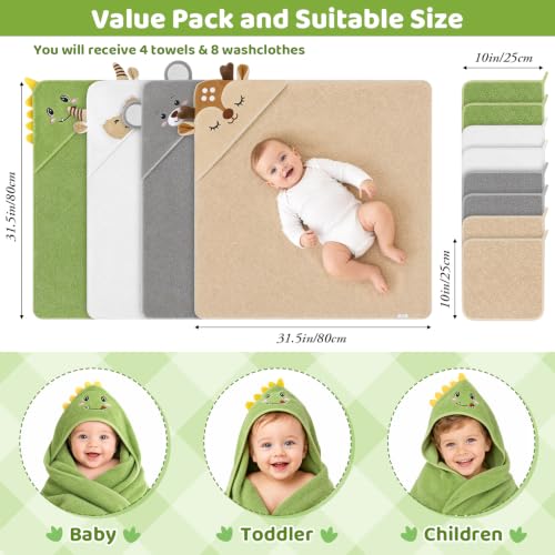 Image of 12 PCS Baby Bath Towels Set for Infants Toddlers Essentials (Deep Green, White, Grey, Brown)