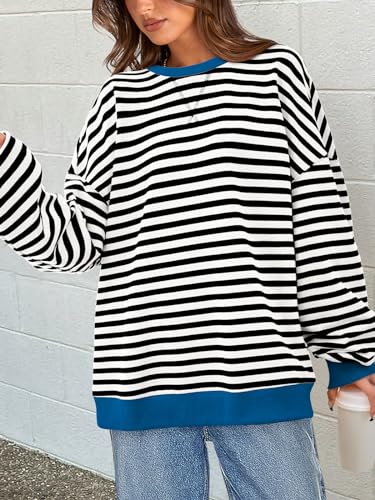 Image of PRETTYGARDEN Womens Striped Oversized Sweatshirt Color Block Crew Neck Long Sleeve Casual Loose Pullover Top Y2K Clothes