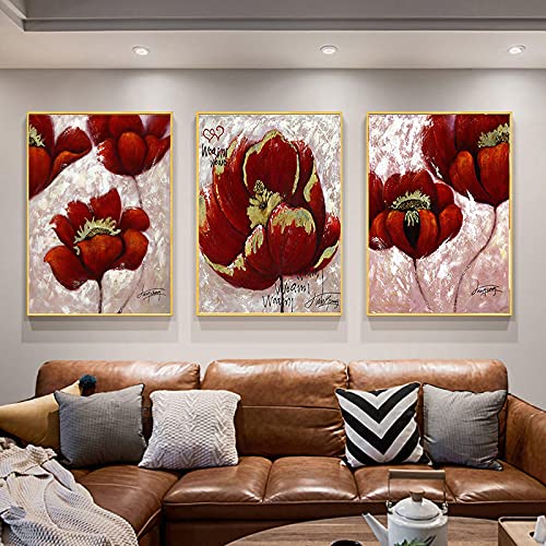 Peinture fleurs rouges sur toile haut de gamme décoration murale grand format 70x100cm x3