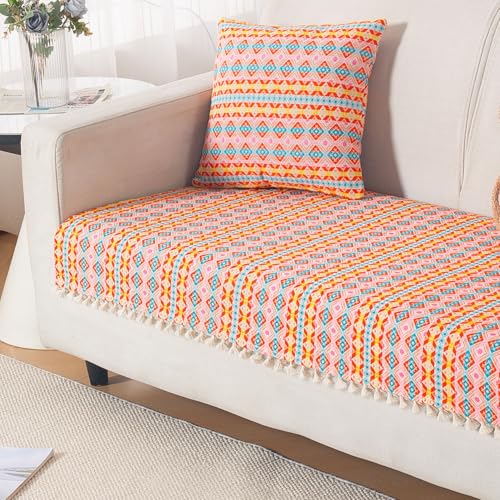 Image of HOKIPO Sofa Cover Mat with Tassel for 2 Seater Sofa | 300 GSM Thick Cotton Acrylic Jacquard Fabric,'Trivana Series' Coral Orange (IN-934-J2*S)