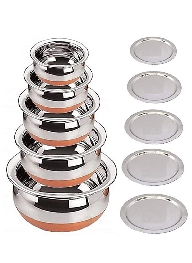 Nirvika Set of 5 Copper Bottom Stainless Steel Handi Set/Cookware Set with Lid (Capacity : 0.5 LTR, 0.75 LTR, 1 LTR, 1.5 LTR, 2 LTR) Cookware Set (5 Pieces) (Steel)