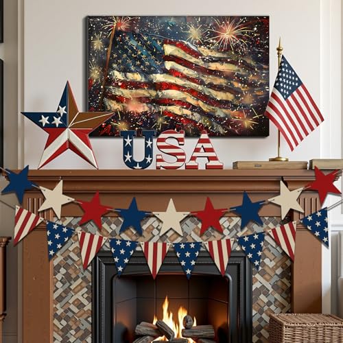 Image of Framed 4th of July Fireworks American Flag Wall Art, Patriotic USA Canvas Art Pictures, Flag Wall Decor for Living Room Man Cave Bar, Ready to Hang Made in USA