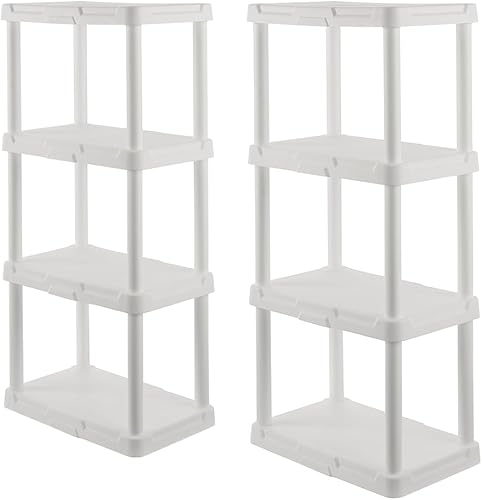 CX 4-Tier (48H x 22W x 14.25D) Plastic Storage Shelving Unit (White) 2-Pack, Light Duty, 50lbs Per Shelf Capacity, Indoor Storage and Organization