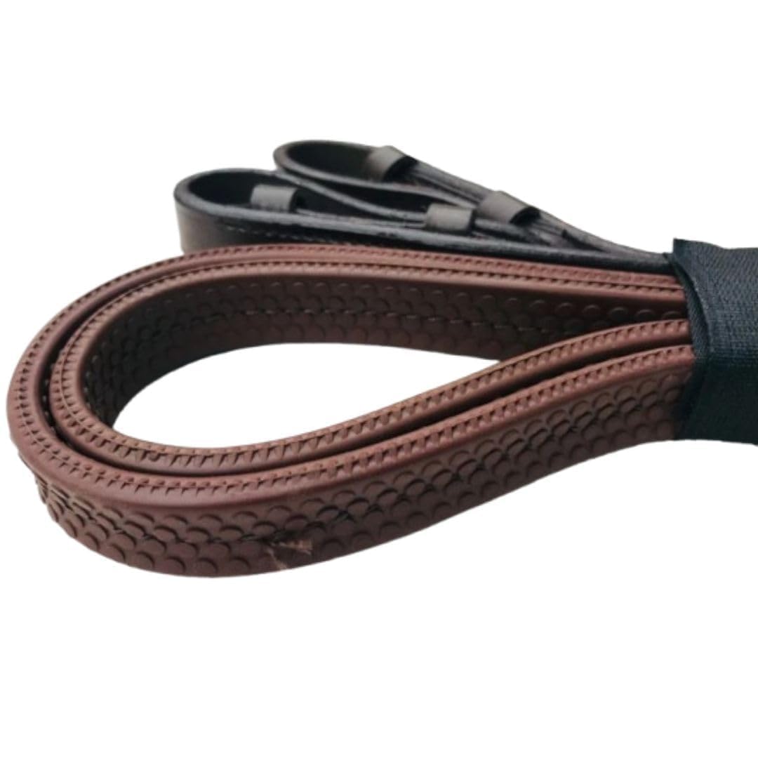 Benz Equestrian Bio Grip Anti Slip Rubber Reins Flexible soft Pebble Rubber Black Brown Leather pony cob and full horse (Brown, full 56")