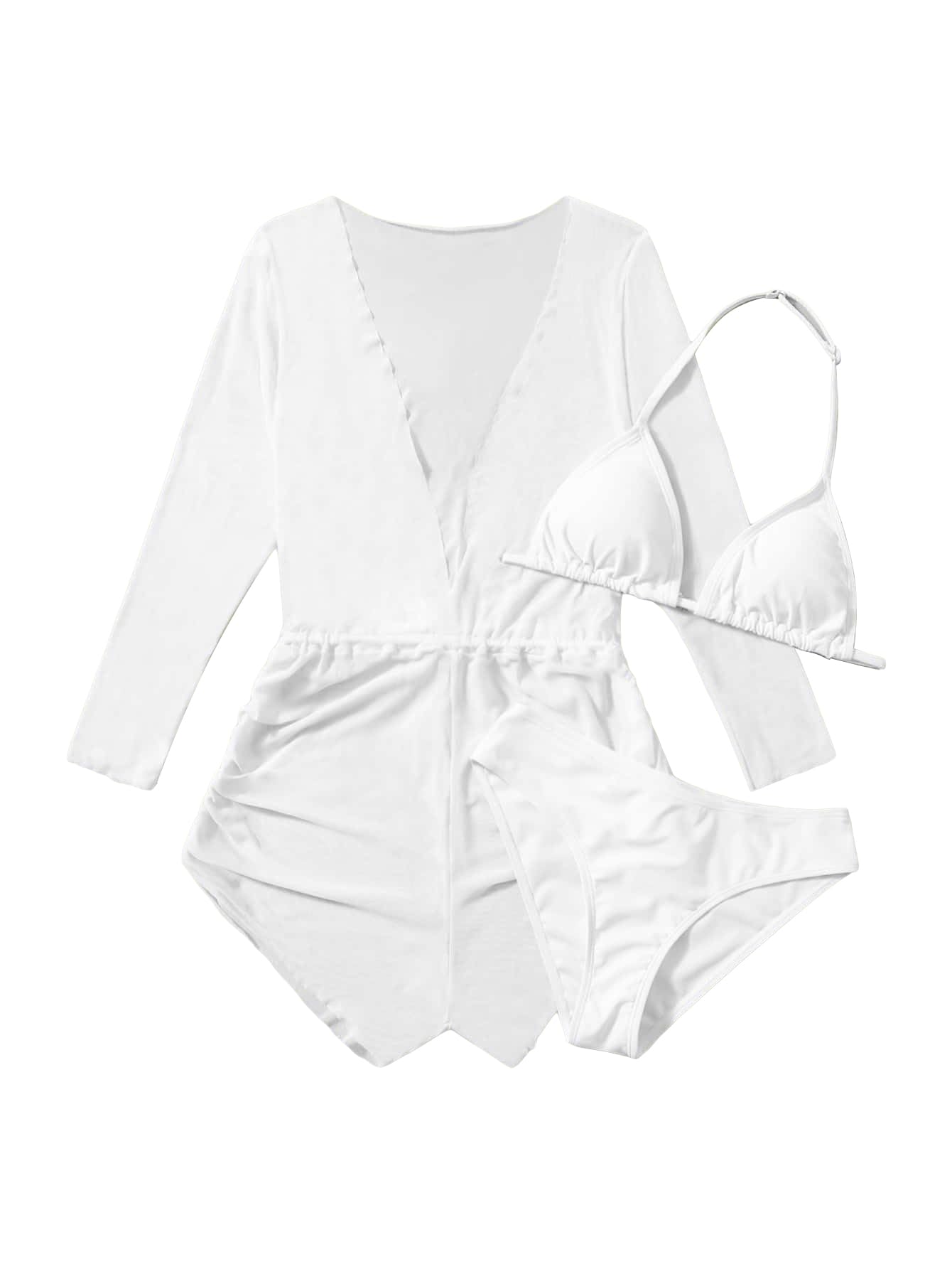 Milumia Girl's 3 Piece Swimsuits Solid Halter Top Bikini Sets with Long Sleeve Coverup Romper