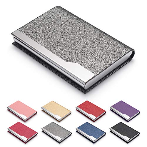 FACATH Business Card Holder Case - Luxury PU Leather Name Card Holder & Stainless Steel Multi Card Case, Slim Metal Pocket Card Holder Wallet Credit Card ID Case/Holder with Magnetic Shut (Gray)