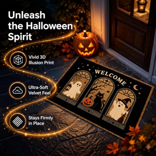 Halloween Doormat 3D Optical Illusion Rug, 15.7x23.6 Inch Crystal Velvet Non-Slip Floor Mat, Ghost Skeleton Skull Printed Welcome Mat for Entryway Bathroom Kitchen, Fall Halloween Decor(Ghost Welcome) - image 2