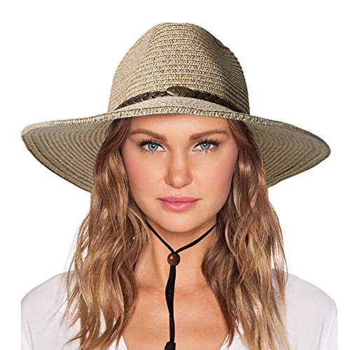 Womens Straw Sun Hat Classic Flat Beach Hat Mens Garden Hat Cowboy Style Hat with Wind Lanyard UPF 50+ Summer Hat Beige