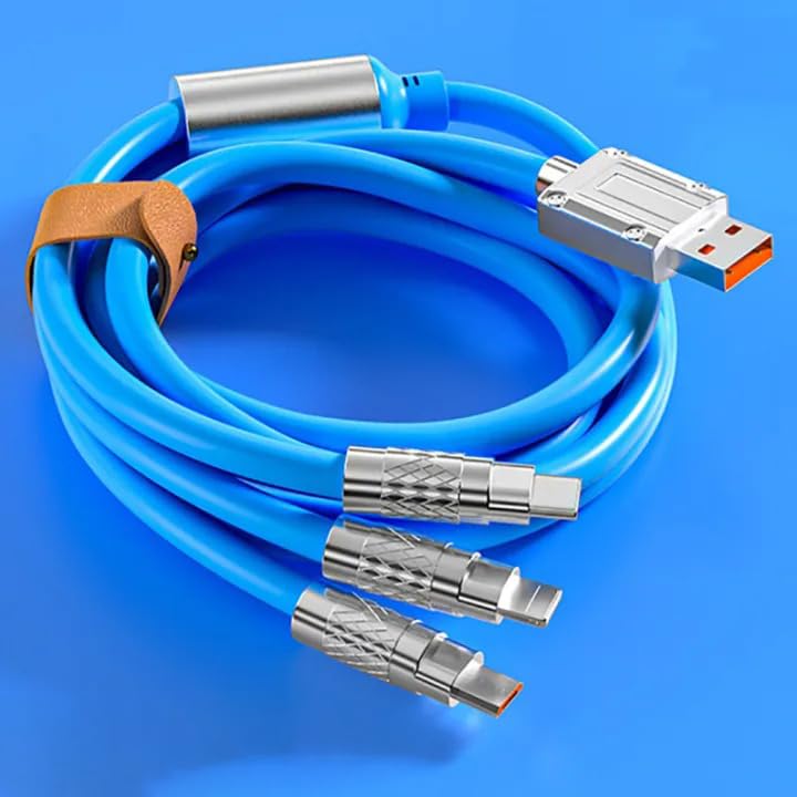 The Thrift Store 3 in 1 Charger Cable 120w 6A Super Fast Charging Type C IP Micro USB Cable Fast Charging Metal Plug Silicone Fast Charging Data Cable Length 1.5M (Blue)