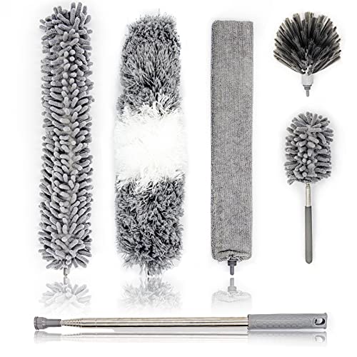 Image of 5Pcs Microfiber Feather Duster Cobweb Remover and Ceiling Fan Duster with Telescopic Pole 3-Stage Stainless Steel Handle - 100 inch Dust Remove Cleaning Brush Tool Set