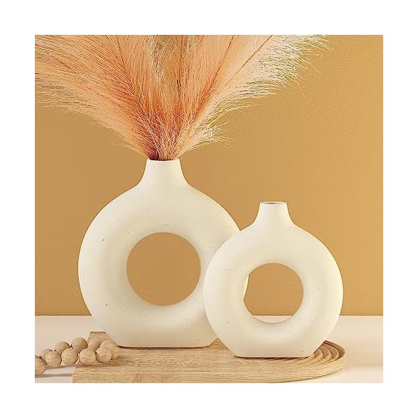 White Ceramic Boho Vase Set of 2, Dount Vase for Pampas, Nordic Minimalism Style Matte Flower Vases for Farmhouse, Living Room, Table, Shelf Decor