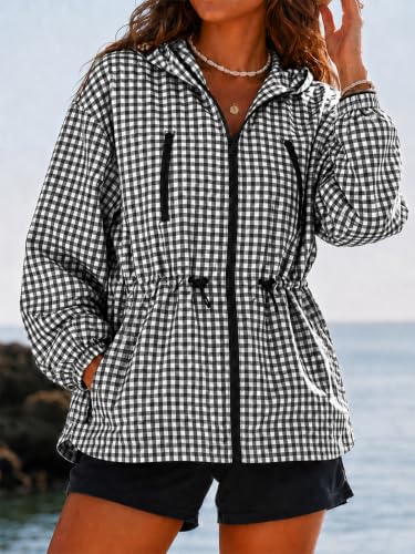 Fisoew Womens Rain Jacket Waterproof Plaid Raincoat Hooded Windbreaker - image 2