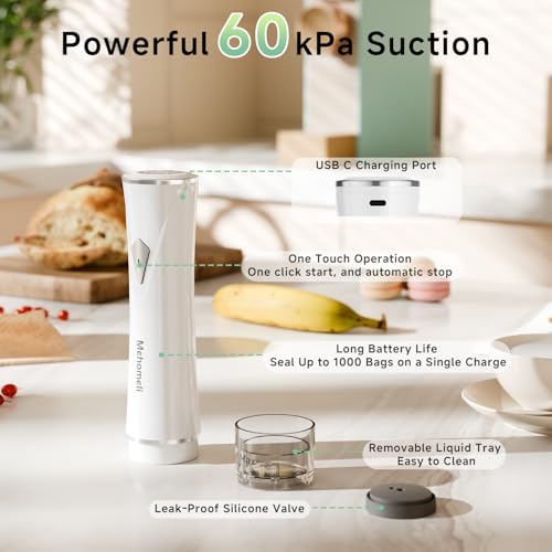 Image of Mehomeli Compact Vacuum Sealer for Food (Vacuum Sealer Machine + 20 Reusable Vacuum Bags), Powerful Handheld Vacuum Sealer Machine, Seal Food 6X Fresh Longer, Portable & Wireless, Easy-Clean