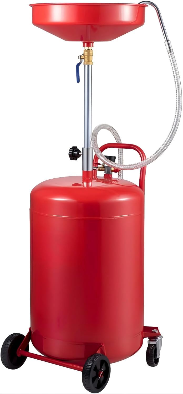 Garvee Recogedor De Aceite Usado 68 l Metálico con Bandeja Rojo | Depósito metálico de 68 L con bandeja superior, manguera de descarga y válvula para recoger aceite usado en talleres.
