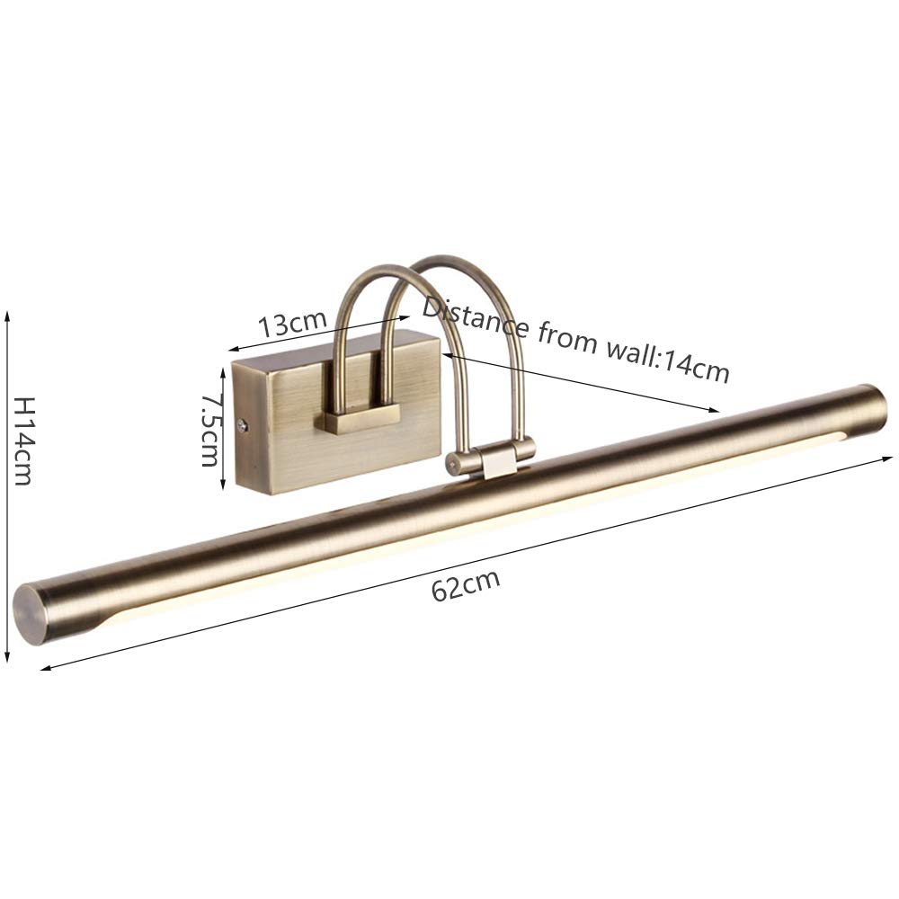 Messing Gebürstet Spiegelleuchte Retro LED Spiegellampe 180 ° Drehung Spiegel Frontlicht Wasserdicht Beschlagfrei Badezimmer Toilette Garderobe Schminktisch Licht Warmweiß L62CM 14W,Cool white l62cm