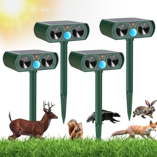 Thoveneth 4 Pack Solar Ultrasonic Animal Repellent Cat Repellent Outdoor Deer Repellent Devices Raccoon Deer Animal Deterrent to Scare Squirrel Rabbit Dog Skunk for Yard