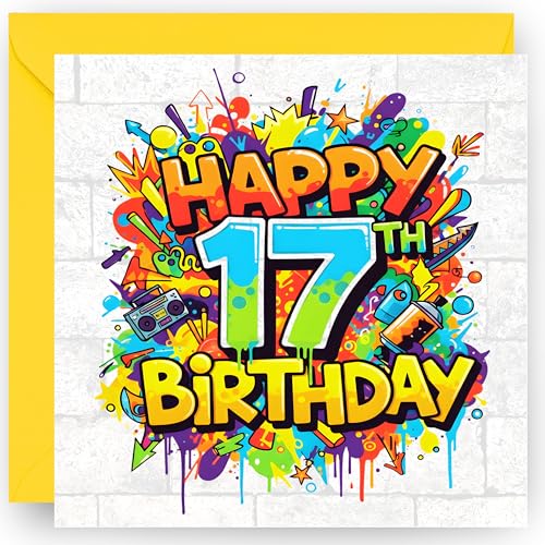 17th Birthday Card Gift for Boys and Girls Graffiti Style Design Happy 17 Years Old Birthday Greeting Card with Vibrant Yellow Envelope - Size 14cm