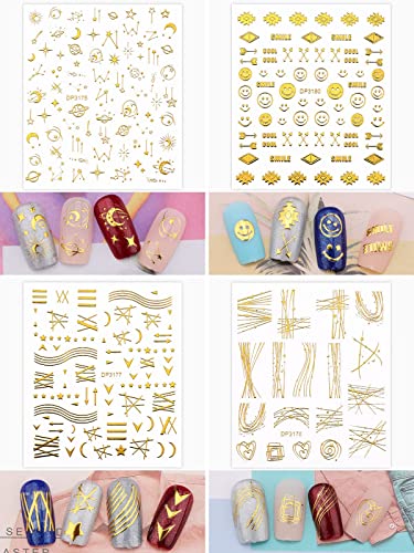 Ebanku 12 Sheets Gold Star Nail Stickers Self-Adhesive, 3D Gold Metallic Star Moon Nail Stickers Decals Nail Art Design For Women Girl #TOP3