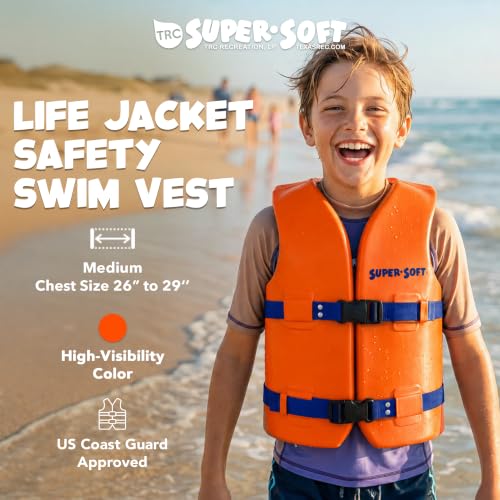 Image of TRC Recreation Super Soft Child Size Medium Life Jacket USCG Approved Vinyl Coated Foam Swim Vest for Kids Swimming Pool and Beach Gear, Sunset Orange