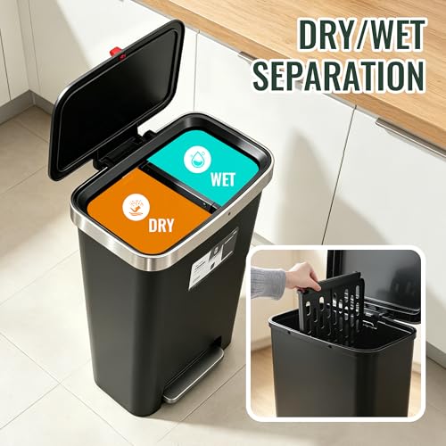 Image of Trash Can with lid, 12 Gallon Slim Tall Garbage Can,Black | Kitchen Trash Bin Step-on with Lid, Plastic Black Garbage Can with Stainless Steel Rim for Bathroom,Living room,Bedroom,Yard,