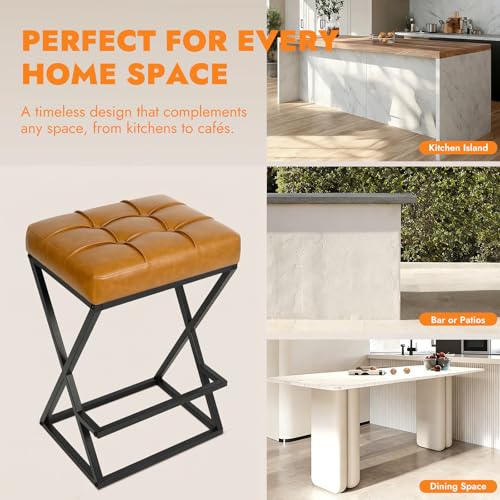 Image of Bar Stools Set of 4, 26 Inch Counter Height Stool Faux Leather Brown | Backless Counter Stools with X-Frame Metal Legs, 3.3 inch Upholstered Seat, Mid-Century Modern, for Kitchen Island, Home Bar