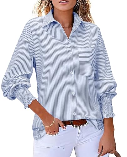 Womens Button Down Shirts Striped Smocked Cuff Long Sleeve Blouses with Pocket Casual Collar Office Work Tops