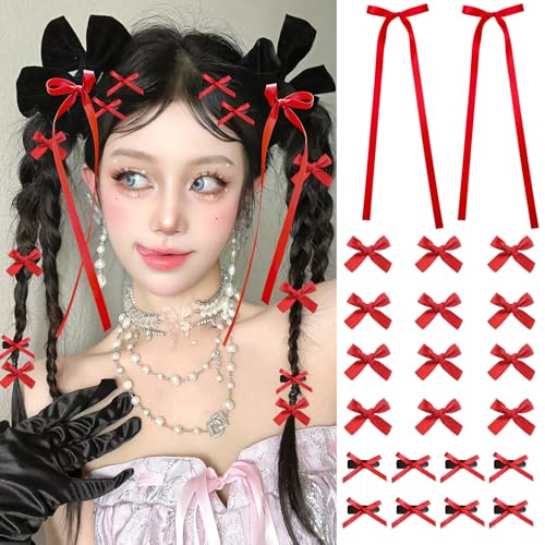 Mini Hair Bows for Women Girls Cute Hair Clips Small Alligator Long Tail Hair Ribbon Accessories -3 Styles -22P - Red