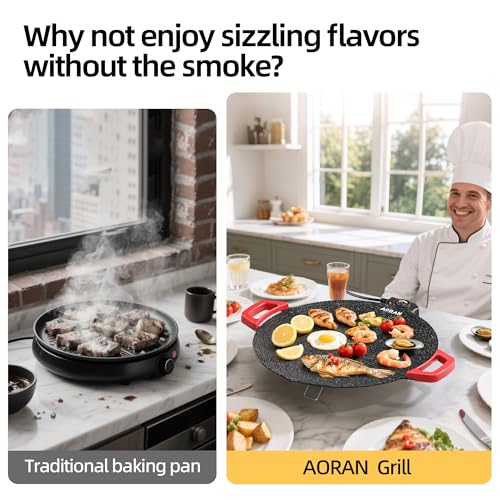Image of AORAN Indoor Grill Electric Smokeless Set - Nonstick Electric Griddle for Indoor Use, Compact & Versatile Cooking for Steaks, Pancakes & BBQ, Includes Silicone Spatula, Oil Brush & Food Tongs