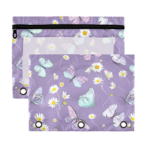 Estuche para lápices de 3 anillos con diseño de margaritas y mariposas, paquete de 2 estuches de plástico transparente impermeable con cremallera, bolsa de cosméticos y organizador de documentos de