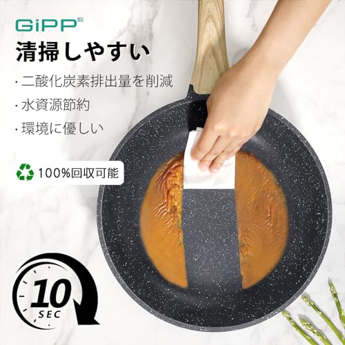 Image of GiPP Fry Pan, 9.4 inches (24 cm), Lid Included, Induction and Gas Fire, Non-Stick Frying Pan, Heat Resistant Handle, Ceramic Coating, Healthy Cleaning, High Heat Efficiency, PFOA PFOS Free, Gray