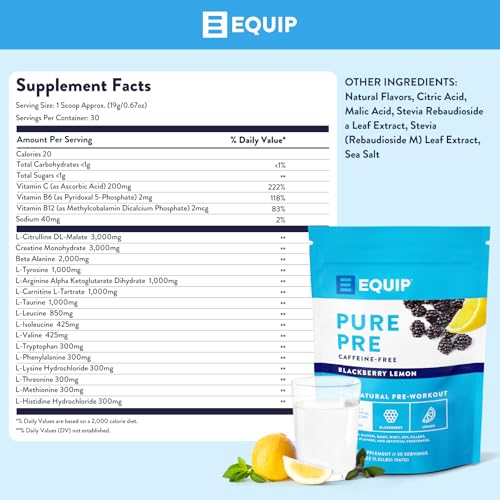 Image of Equip Foods Pure Pre All Natural Pre-Workout Powder | Caffeine Free, EAA, Vitamin C, B6, B12, L-carnitine, Agnine | Naturally Boosts Workouts | 30 Servings, BlackBerry Lemon Decaffeinated