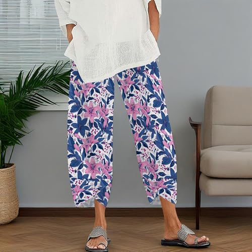 Women's Capris Pants Linen Wide Leg Plus Size Boho Cropped Wide Leg Summer Pants Loose Comfy Elastic Waist Sweatpants2