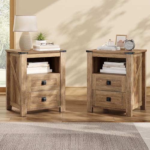 Image of AMERLIFE Farmhouse Nightstand Set of 2, Wooden Side Table with Drawers & Open Shelf, Narrow /Small Bedside End Table, Wood Night Stand for Bedroom /Dorm /Home Office, Rustic Honey Brown