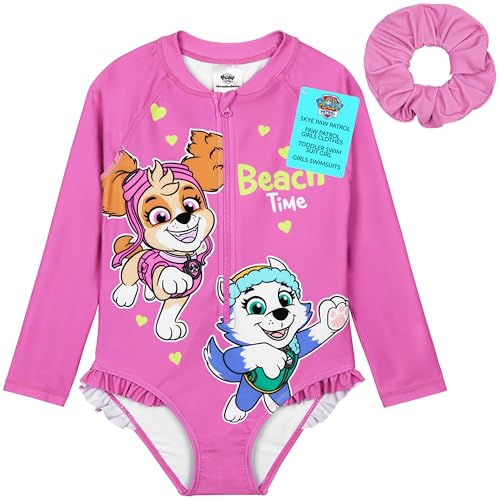 Paw Patrol Girls Swimsuit Long Sleeve Pink One Piece Bathing Suit for Girls with Scrunchie