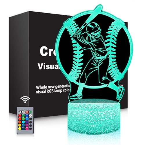 Image of BASSI Baseball Gift 3D Night Light for Kids - 16 Colors & Flashing Modes with Remote Control Opreated Dimmable - Baseball Player Decor - Christmas Birthday Gifts for Boys Girls Sport Fans