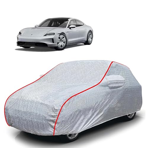 Image of Sulfar 100% Waterproof Car Body Cover Compatible with Mirror for Porsche Taycan (Triple Stitched, Full Bottom Elastic, Magic Silver with Red Piping)