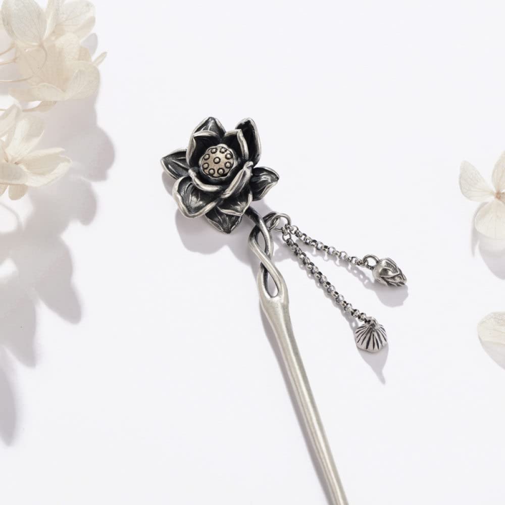 Vintage Haarstäbe Retro Haarnadel, S925 Sterling Silber chinesische Haarstäbchen, verzierte Lotus Samenkapsel Haarstäbe mit Quaste,