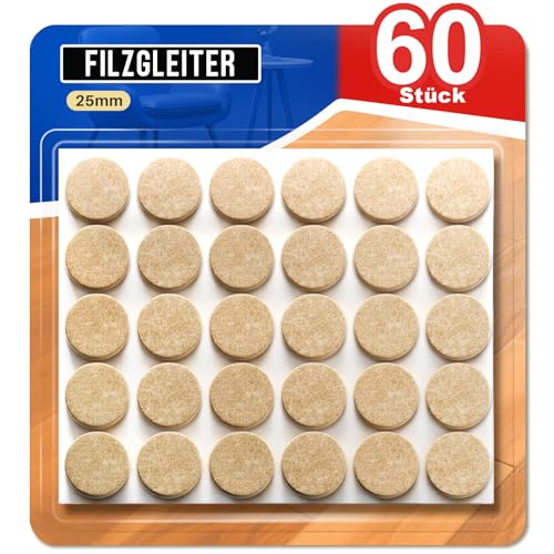 Ansible 60 Stück Filzgleiter Selbstklebend Ø25 mm Rund Beige Möbelgleiter Filz für Stühle & Möbel Stuhlbeinschoner Kratzschutz & Geräuschdämpfend