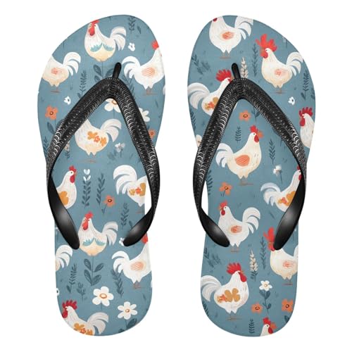 ALAZA Cute White Chicken Rooster Flip Flops for Women Fashion Beach Slippers Comfort Mens Flip Flops Non-Slip Rubber Shower Slippers Sandal for Hotel Travel Sport,XS