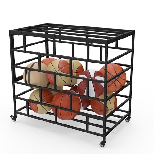 Ball Storage Cart, Lockable Rolling Basketball Storage Bin | Ball Organizer with Wheels, Secure Sports Exercise Ball Cart Holder for Gym, School, Club, Indoor Outdoor Use