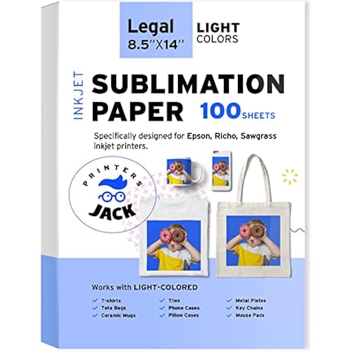 Printers Jack Sublimation Paper 8.5x14 inches, 100 Sheets 120gsm for Any Epson Sawgrass Inkjet Printer with Sublimation Ink, Heat Transfer Sublimation Paper for T-shirt, Mugs, Light Fabric