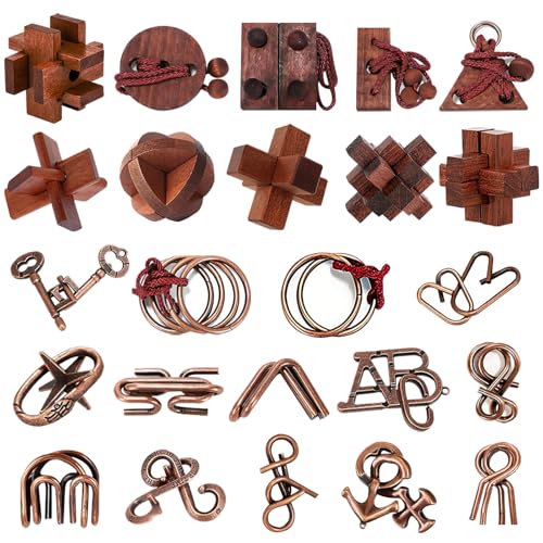 24 Stück 3D Puzzle Set aus Holz & Metall Geduldspiele & Logikrätsel für Kinder Jugendliche & Erwachsene Intelligente IQ Spiele als Geburtstagsgeschenk Mitgebsel & Gastgeschenk