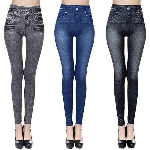 Litthing 3pcs Leggings Long et Court,Leggings Imitation Jean Femme Jeggings Taille Haute Ceinture Elastiquée Pantalon Moulant Femme Slim Extensible Pantalon...