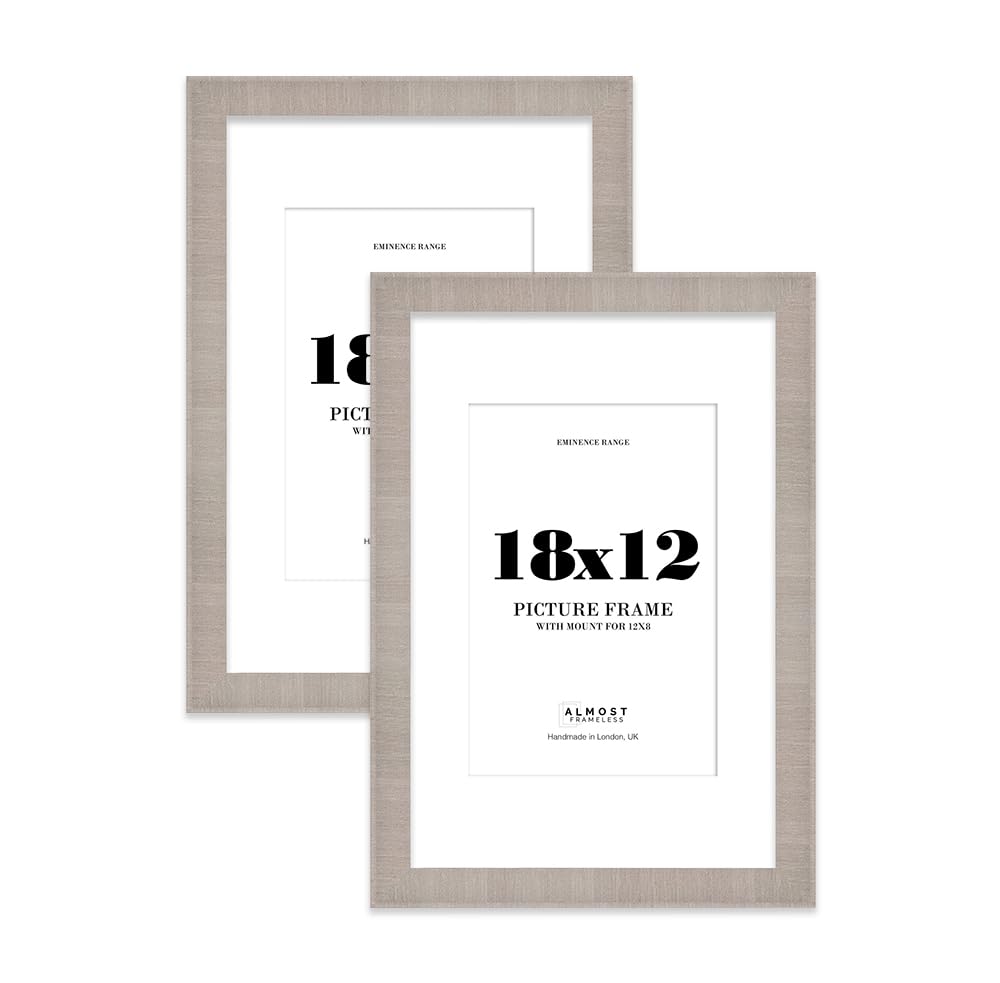 18x12" Grey Picture Frame with 12x8" Mount - Shabby Chic Photo Frame with Distressed Finish, Wall Hooks, 32mm Edge - 2 Pack