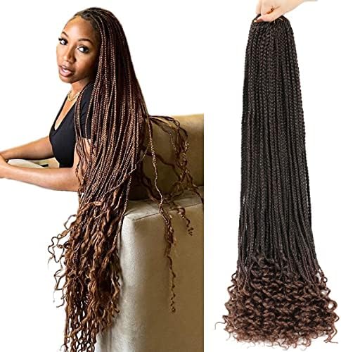 Ombre Brown Small Box Braids With Curly Ends 10 Packs 32 Inch Long Box Braids Crochet Hair for Black Women Knotless Pre Looped Synthetic Crochet Braids Hair Extensions With Curls at The End T30