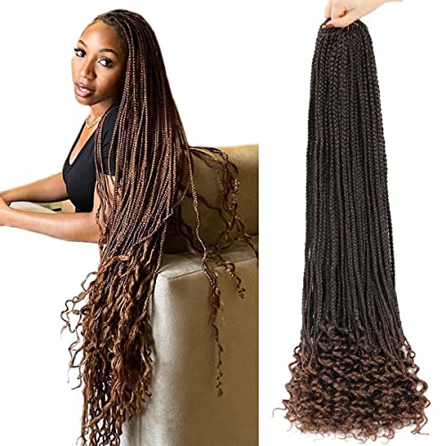 Ombre Brown Small Box Braids With Curly Ends 10 Packs 32 Inch Long Box Braids Crochet Hair For Black Women Knotless Pre Looped Synthetic Crochet Braids Hair Extensions With Curls At The End T30 #TOP3